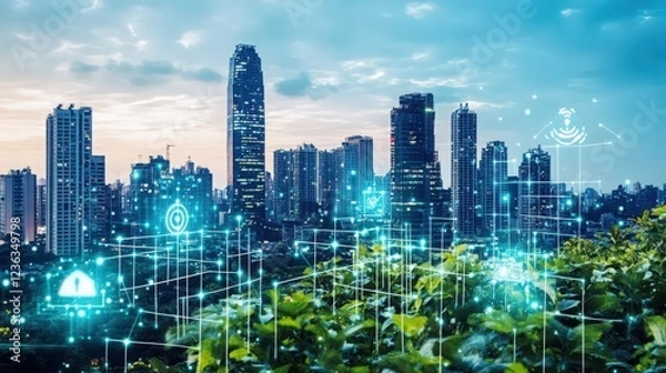 Fototapeta Futuristic city skyline with network connection overlay representing smart technology