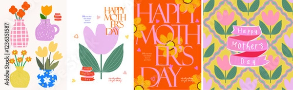Fototapeta Happy Mother's Day. Vector modern minimalistic illustration of seamless pattern, tulip flower, flowers in vase, bouquet, label, logo for greeting card, poster, postcard, invitation or background