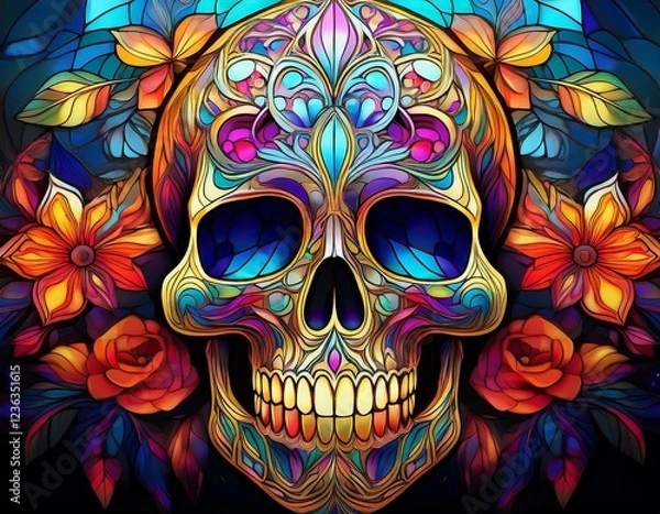 Fototapeta artistic skull design adorned with colorful flowers and stained glass patterns