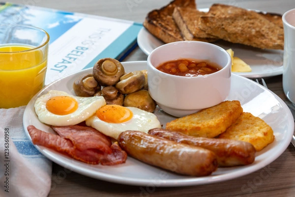 Obraz Full Irish breakfast served at a hotel with sausge, eggs, baked beans, bacon, hash browns and mushrooms.