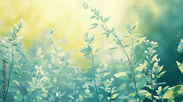 Fototapeta Sunlit meadow with delicate green foliage in a soft-focus atmospheric landscape