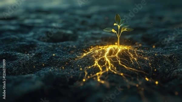 Fototapeta A tiny seed sprouting in the middle of a barren desert, with roots glowing deep underground. Above the surface, the plant is small and fragile,