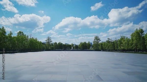 Fototapeta Open grey tiled square under a cloudy blue sky and surrounded by green trees
