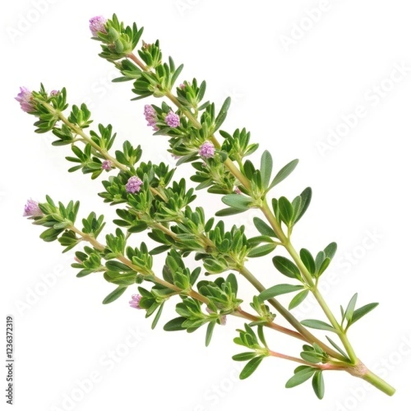Fototapeta thyme sprig (Thymus vulgaris) isolated on a pure white background. the tiny green leaves and woody stem, with fine details like small flowers 