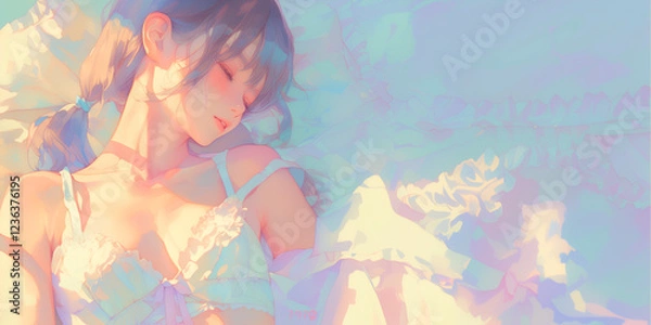 Obraz 寝起きにリラックスしている女性。水彩画。イラスト。バナー素材。