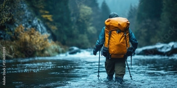 Fototapeta A hiker, equipped with a backpack and rain gear, struggles through flooded trail in a forest area.