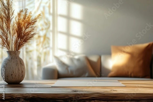 Fototapeta Cozy living room with wooden table and vase of dried flowers illuminated by soft natural light and warm cushions in a serene atmosphere