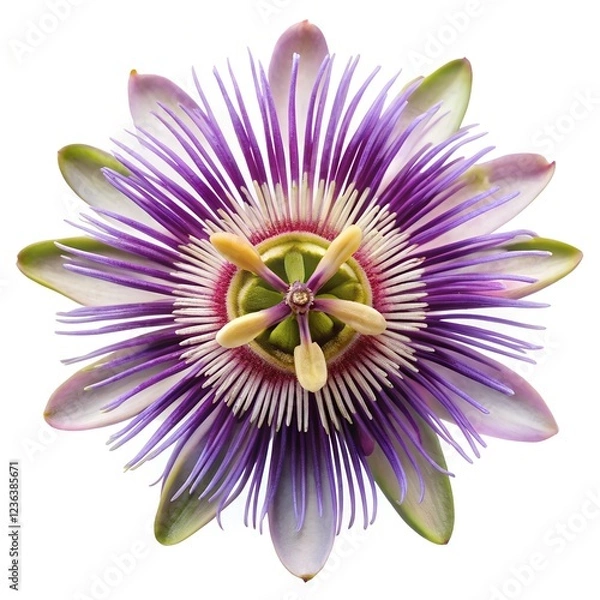 Obraz passionflower (Passiflora) isolated on a white background. the intricate purple and white petals with a unique, layered structure and prominent stamens