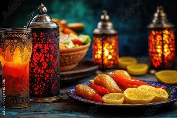 Fototapeta A table with a plate of food and a few lit candles. The candles are in different sizes and colors, and they are placed around the plate. The table also has a bowl of salad and a cup of juice