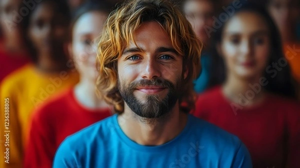 Fototapeta A man with a beard and a blue shirt is smiling at the camera