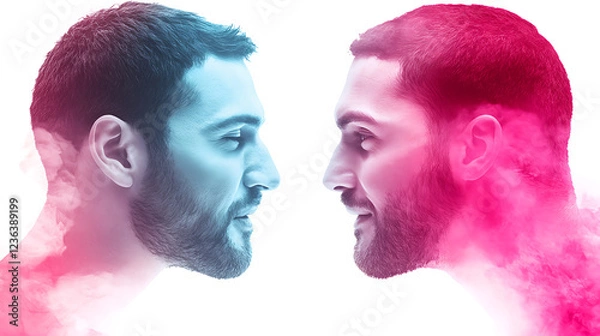 Fototapeta Artistic dual portraits of men with colorful smoke effects studio setting digital art close-up view abstract concept