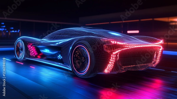 Fototapeta 光の軌跡を描くデジタルワイヤーフレームの電気自動車