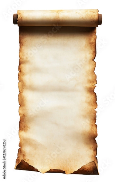 Obraz Empty old open parchment scroll, blank antique vertical paper banner, transparent background PNG