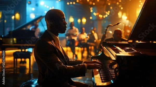 Fototapeta Graced Pianist Creating Melodic Vibes Under Lights