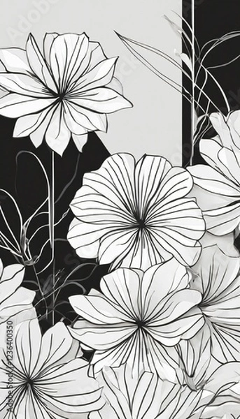 Fototapeta Monochrome floral pattern with detailed line art.