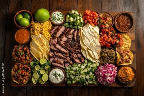 Fototapeta array of tacos on wooden board, with ingredients like meat and vegetables scattered around. The background is dark wood to highlight the colors of each tilt-shift food.