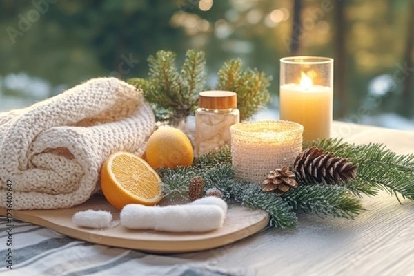 Fototapeta A cozy spa setup in a wooded setting, featuring a warm blanket, citrus slices, candles, and pine cones.