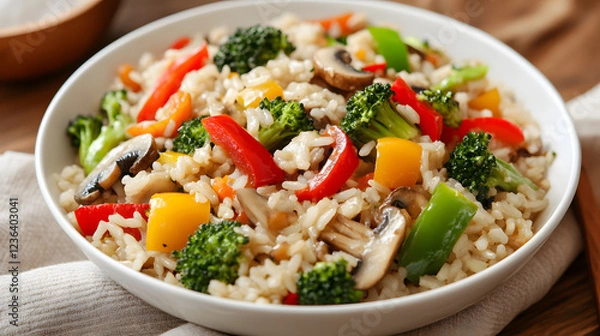 Fototapeta Broccoli rice stir fry with bell peppers and mushrooms.