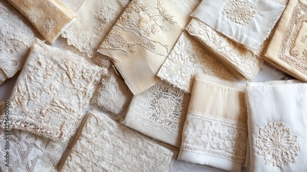 Fototapeta A collection of vintage textile samples featuring intricate embroidery and lace details, top-down view.