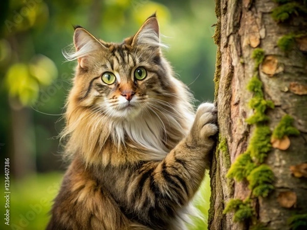 Fototapeta Norwegian Forest Cat Scratching Tree Trunk with Copy Space
