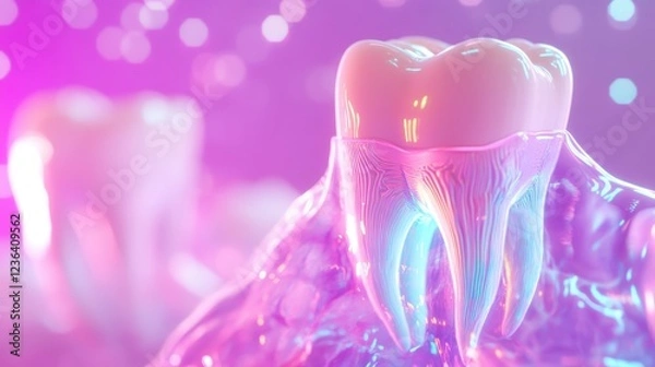 Fototapeta A colorful and stylized depiction of a tooth surrounded by a glossy substance, creating a vibrant, dental-themed visual.