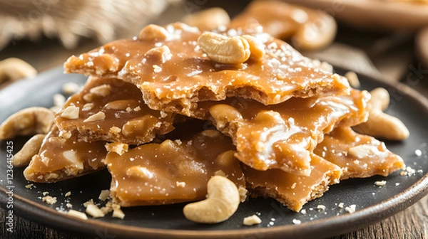 Fototapeta Cashew nut brittle with a sweet caramel coating, crunchy texture, and a rich, nutty flavor perfect for snacking.