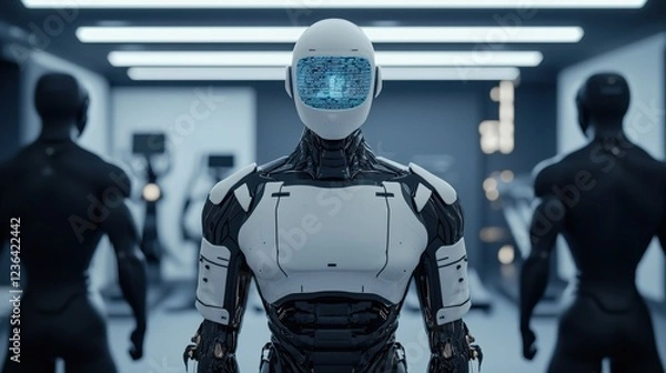 Fototapeta Futuristic Robot with Digital Display in a Modern Fitness Center