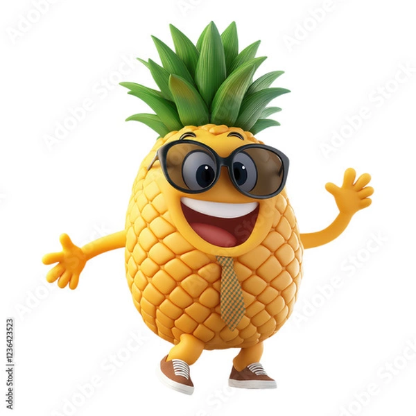 Obraz Cute pineapple character wearing cool sunglasses and tie on a transparent background, evoking fun and tropical vibes