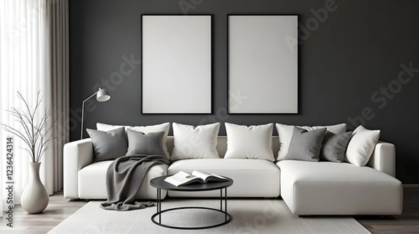 Fototapeta Frame Mockup of a Living Room Wall Art Poster, Set in a Modern Interior Design with a House Background for Design Inspiration