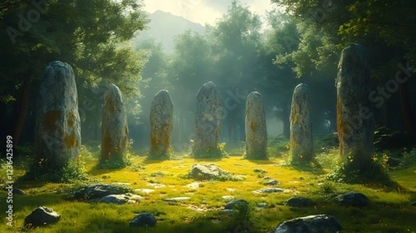 Fototapeta Sunlit ancient stone circle in a mystical forest clearing.