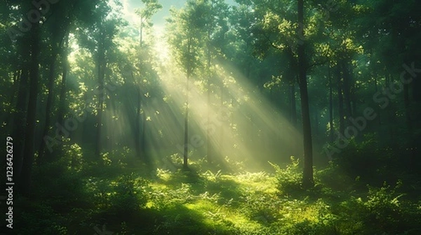 Fototapeta Sunbeams illuminate a misty green forest, creating a magical atmosphere.