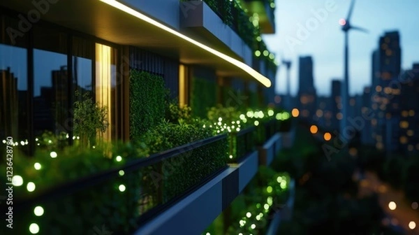 Fototapeta Night View of Eco-Friendly Apartment Building with City Skyline