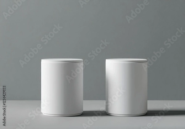 Fototapeta Two blank white cylindrical containers on gray background.