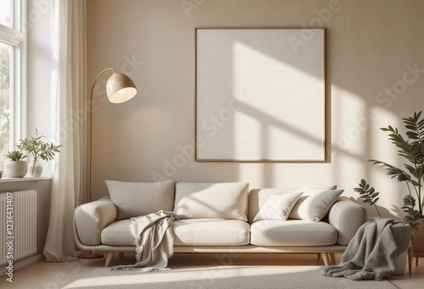 Fototapeta A Minimalist interior featuring a sofa with a blank frame above it and natural daylight