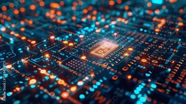 Fototapeta Futuristic glowing digital circuit board with microchips and electronic components in abstract blue and orange technology background  Concept of intelligence innovation and advanced engineering