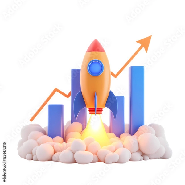 Obraz A 3D rocket takes off with explosive energy against a bar chart background