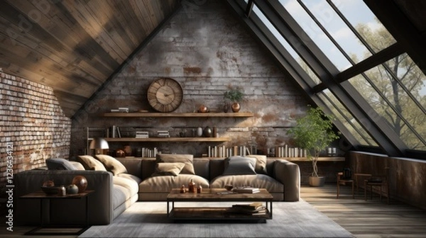 Obraz Rustic Loft Living Room with Skylights
