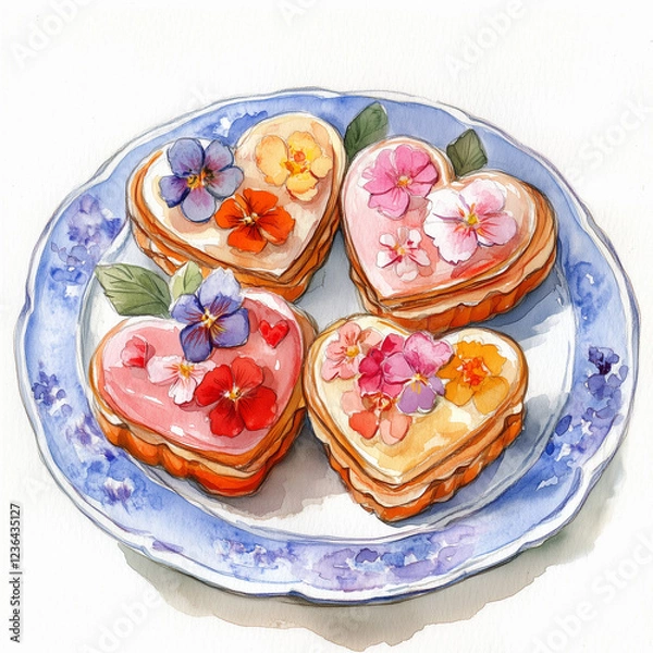 Obraz A watercolor Valentine's Day illustration of a festive plate filled with heart-shaped cookies covered in icing with  flowers