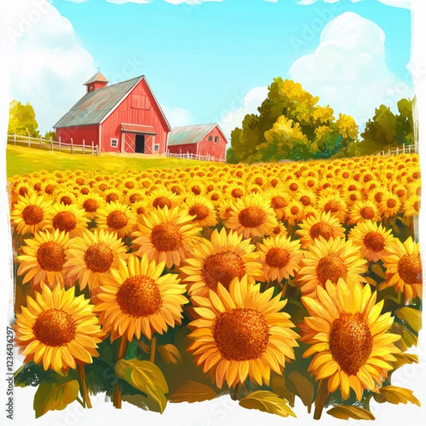 Obraz A vibrant and modern illustration of a picturesque landscape featuring a cozy house surrounded by a vast sunflower field.