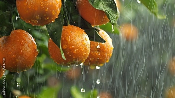 Fototapeta oranges dripping with fresh rainwater hanging from a lush tree --no text and people, human --chaos 10 --ar 16:9 Job ID: 57a29dba-7508-495c-857d-093692c2842c