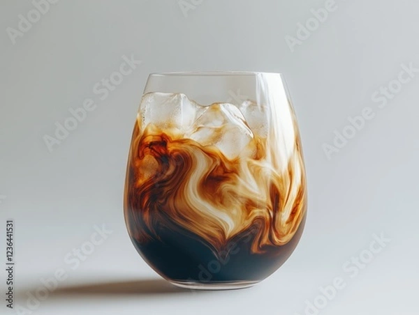 Fototapeta A glass of coffee with ice cubes in it. The coffee is brown and has a swirl pattern