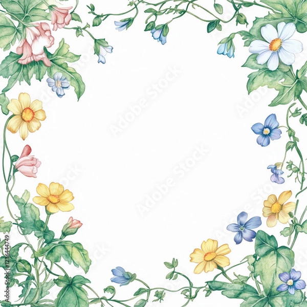 Obraz A square watercolor floral frame adorned with delicate wildflowers in bright tones. 