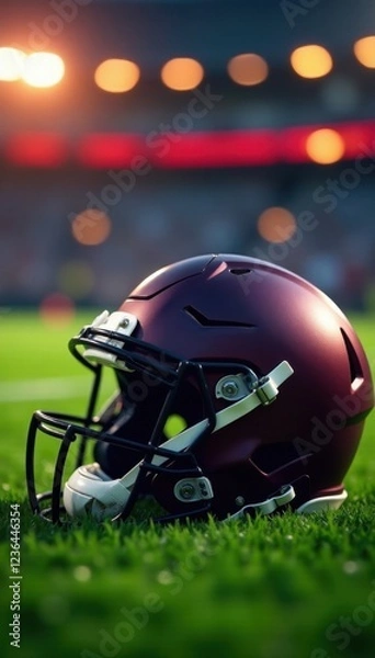 Fototapeta American football helmet rests on lush green grass, bokeh lights blur background , background, design element, protective gear