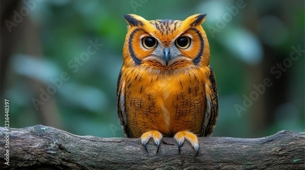 Fototapeta Orange owl perched on branch, rainforest background, wildlife photography