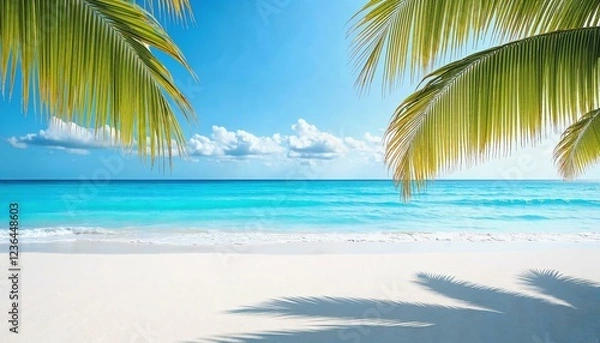 Fototapeta Peaceful coastal scene with white sand and turquoise waves framed by palm fronds