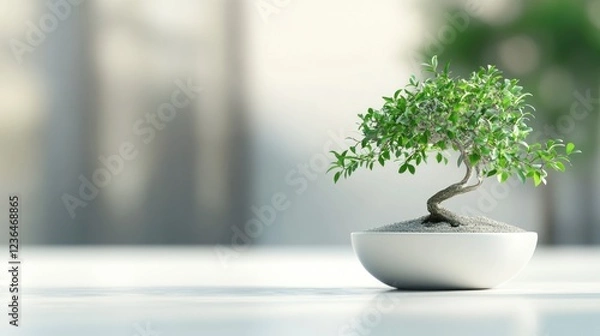 Fototapeta A white ceramic pot with green leaves growing on it, on the right side of an empty background. 