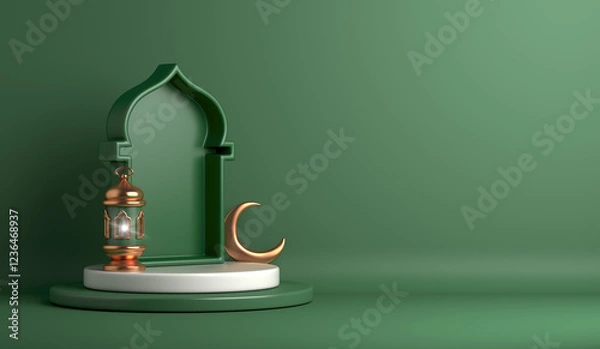 Fototapeta Islamic display podium with mosque window lantern crescent on green background, Ramadan Kareem eid al fitr adha, muharram, 3D illustration.