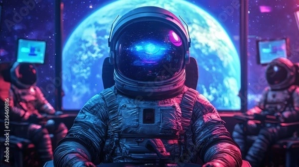 Fototapeta Astronauts Observing Earth from Space with Vibrant Cosmic Background