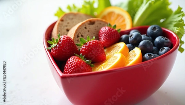 Fototapeta Foods for Healthy Heart in Heart Shaped Bowl, Grains, Fruits and Vegetables, Health of Cardiovascular System