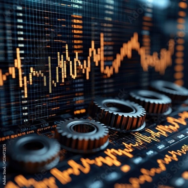 Obraz Gears turning with stock market data graph in background, ideal for financial concepts